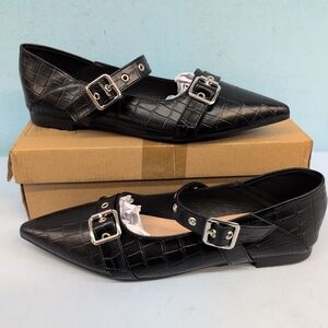 Women's Double Buckle Strap Patent Leather Flat Shoes CN 43 Black